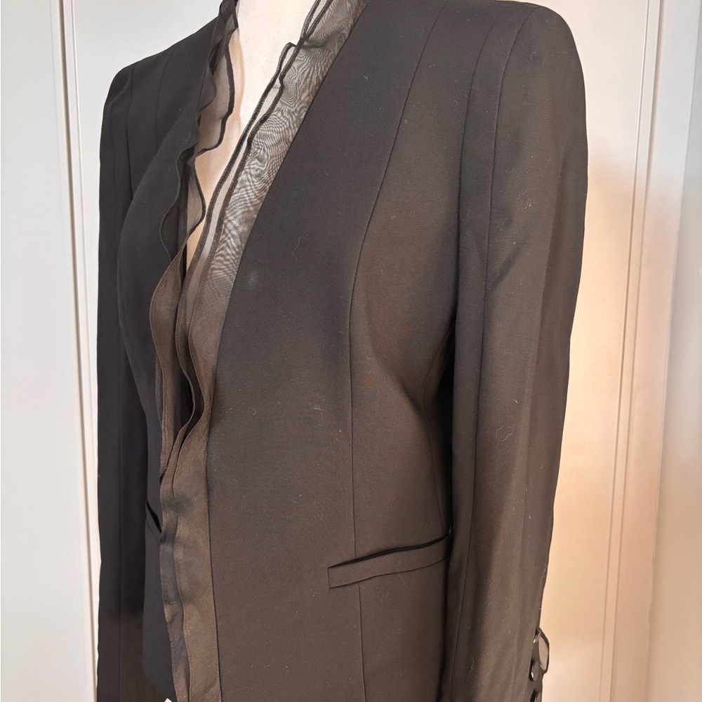 Vintage Louis Feraud Black Wool and Silk Blazer with Ruffled Trim - Picture 4 of 14